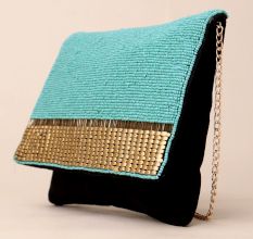 Turquoise Hand-Beaded Clutch with Woven Accent and Black Base