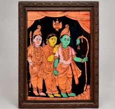 Glass Painting Of Rama Sita and Laxman in Yellow Colour