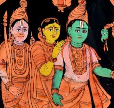 Glass Painting Of Rama Sita and Laxman in Yellow Colour