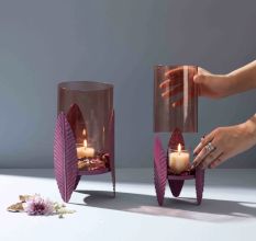 Heather-Toned Iron Candle Stand with Leaf Motif
