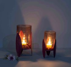 Heather-Toned Iron Candle Stand with Leaf Motif