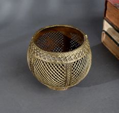 Handcrafted Odisha Brass Measuring Pot in Intricate Lattice Design for Ethnic Decor