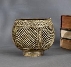 Handcrafted Odisha Brass Measuring Pot in Intricate Lattice Design for Ethnic Decor
