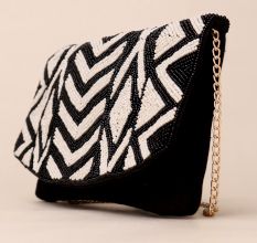 Monochrome Majesty Hand-Beaded Sling Bag with Gold Chain Strap