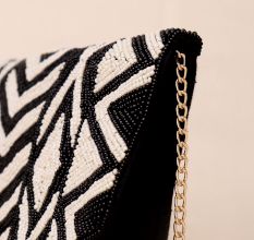 Monochrome Majesty Hand-Beaded Sling Bag with Gold Chain Strap