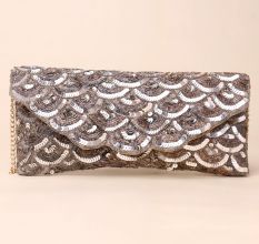 Silver Cascade Sequin Hand-Embroidered Sling Bag with Gold Chain Strap