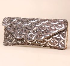 Silver Cascade Sequin Hand-Embroidered Sling Bag with Gold Chain Strap