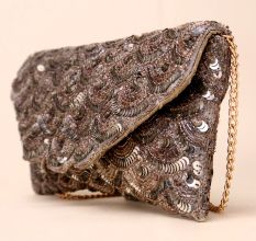 Silver Cascade Sequin Hand-Embroidered Sling Bag with Gold Chain Strap