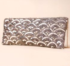 Silver Cascade Sequin Hand-Embroidered Sling Bag with Gold Chain Strap