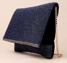 Midnight Luxe Hand-Beaded Sling Bag with Gold Chain Strap