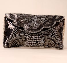Celestial Noir Hand-Embroidered Clutch with Luxe Chain Strap