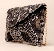 Celestial Noir Hand-Embroidered Clutch with Luxe Chain Strap