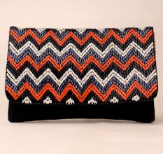 Boho Zigzag Hand-Beaded Clutch with Detachable Chain Strap
