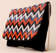 Boho Zigzag Hand-Beaded Clutch with Detachable Chain Strap