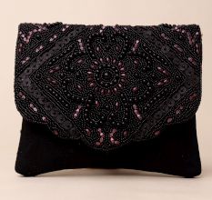 Midnight Blossom Beaded Velvet Clutch with Chain Sling