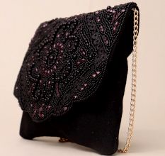 Midnight Blossom Beaded Velvet Clutch with Chain Sling