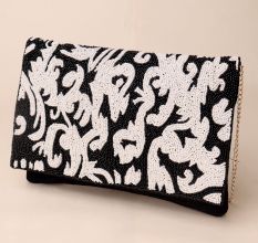Royal Noir Baroque Beaded Clutch with Chain Strap