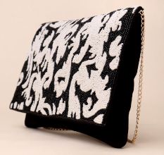 Royal Noir Baroque Beaded Clutch with Chain Strap