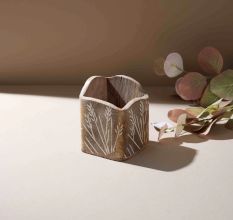 Rustic Leaf-Engraved Wooden Spoon Holder