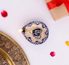 Handmade Blue and White Ceramic Diwali Diya For Mandir Decoration-Pack of 3