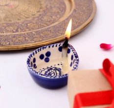 Handmade Blue and White Ceramic Diwali Diya For Mandir Decoration-Pack of 3