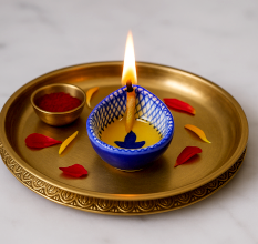 Blue and White Design Ceramic Diwali Diya-Pack of 3