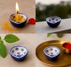 Pack of 3 Designer Blue and White Ceramic Diwali Diya For Temple Decoration