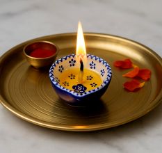 Pack of 3 Designer Blue and White Ceramic Diwali Diya For Temple Decoration