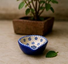 Pack of 3 Designer Blue and White Ceramic Diwali Diya For Temple Decoration