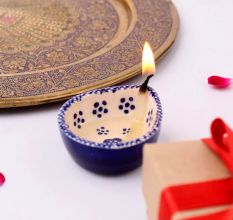 Pack of 3 Designer Blue and White Ceramic Diwali Diya For Temple Decoration