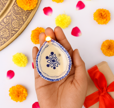 Premium Blue and White Ceramic Diwali Diya For Temple Decoration-Pack of 3