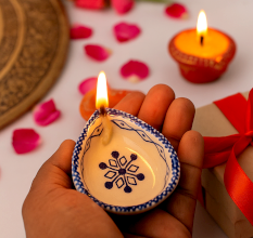 Premium Blue and White Ceramic Diwali Diya For Temple Decoration-Pack of 3