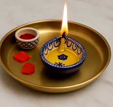Blue and White Ceramic Diwali Diya For Festival Decoration-Pack of 3