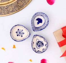 Designer Blue and White Ceramic Diwali Diya For Festival Decoration-Pack of 3