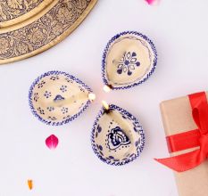 Designer Ceramic Blue and White Diwali Diya For Temple Decoration-Pack of 3