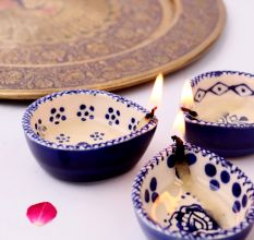 Designer Ceramic Blue and White Diwali Diya For Temple Decoration-Pack of 3