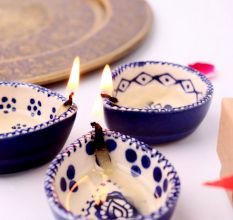 Designer Ceramic Blue and White Diwali Diya For Temple Decoration-Pack of 3