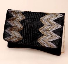 Midnight Chevron Luxe Hand-Beaded Clutch with Chain Strap