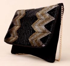 Midnight Chevron Luxe Hand-Beaded Clutch with Chain Strap