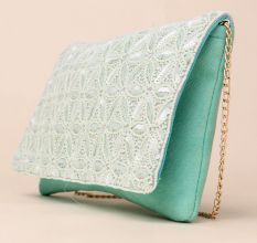 Celestial Bloom Hand-Embroidered Clutch with Elegant Chain Strap