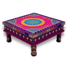 Handicraft Wooden Chourang Pooja Chowki in Purple and Pink