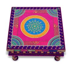 Handicraft Wooden Chourang Pooja Chowki in Purple and Pink