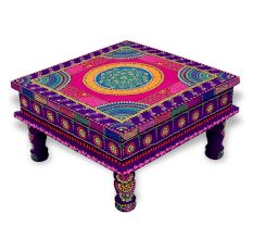 Handicraft Wooden Chourang Pooja Chowki in Purple and Pink