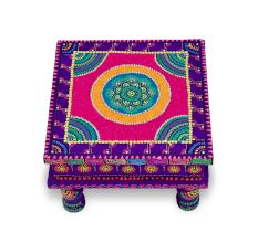 Handicraft Wooden Chourang Pooja Chowki in Purple and Pink