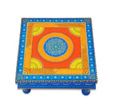 Handicraft Wooden Chourang Pooja Chowki Ferozi and Peach