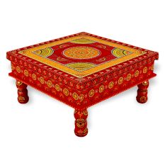 Handicraft Wooden Chourang Pooja Chowki Red and Yellow