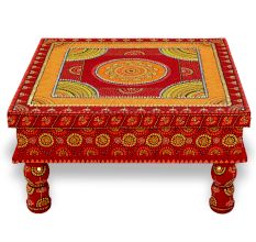 Handicraft Wooden Chourang Pooja Chowki Red and Yellow