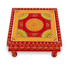 Handicraft Wooden Chourang Pooja Chowki Red and Yellow