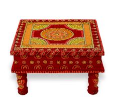 Handicraft Wooden Chourang Pooja Chowki Red and Yellow