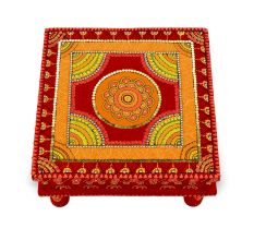 Handicraft Wooden Chourang Pooja Chowki Red and Yellow